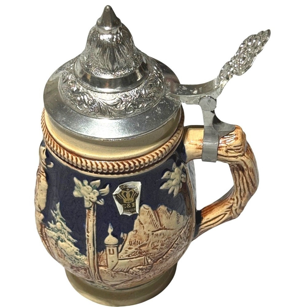 Vintage German‎ Beer Stein Cobalt Blue Stoneware Pewter Lid Relief Scene Mug